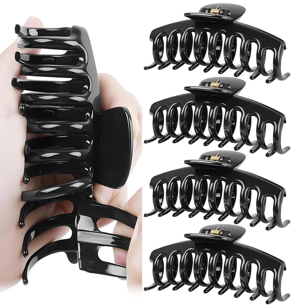 TOCESS Nylon Hair Claw Clips: Flexible & Unbreakable Safe Large Black Hair Claws for Thick/Thin Hair Women - Strong Hold 4 Pack 4.3 Inch Big Jaw Clips - Perfect Stocking Stuffers
