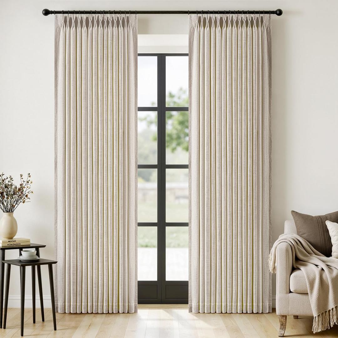 MIULEE Pinch Pleated Thick Linen Curtains 90 Inches Long 2 Panels for Living Room Bedroom, Memory Trained Drapes Pinch Pleat Back Tab Semi Sheer Privacy Neutral Ivory Cream Farmhouse Window Curtains