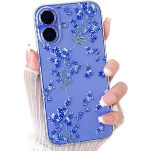 NITITOP Compatible with iPhone 16 Case Cute Clear Flower Floral Artistic Design for Women Girls Stylish Slim Soft TPU Shockproof Protective Girly Phone Cover - Blue