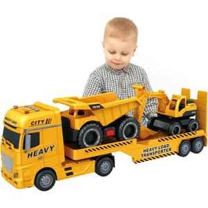 3-in-1 Construction Truck Toys for Kids Ages 3-6 - Inertia Semi Trailer with Excavator & Dump Truck, Light and Sound Play Vehicles
