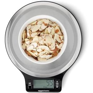 Amazon Basics Digital Kitchen Scale with LCD Display, Batteries Included, Weighs up to 11 pounds, Black and Stainless Steel