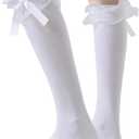 SEMOHOLLI Women Girl's Fashion Knee High Socks With Bow Lace Ruffle Trim Cute Cotton Socks (5-8, 2 Pairs-white)