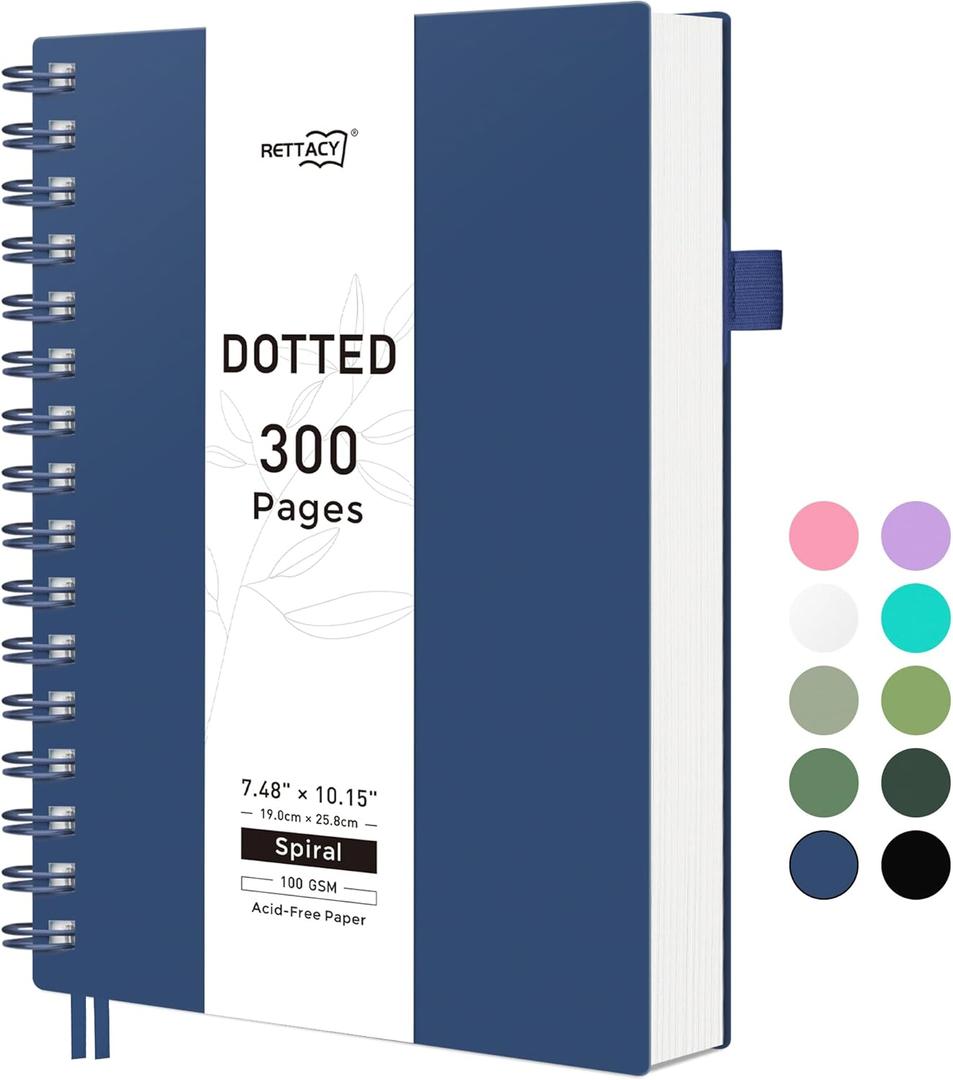 RETTACY Bullet Dotted Journal Notebook, 300 Pages, B5 Medium Size (7.4''  10''), 100 GSM Thick Paper, Flexible Plastic Cover, Spiral-bound, for Bullet Journaling, Planning, Tracking (Navy Blue)