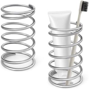 2 Pack Toothbrush Holder, Stainless Steel Spring Shape Toothbrush Stand Toothpaste Razor Storage, Pen Holder Makeup Brush Organizer for Bathroom Tabletop Dresser