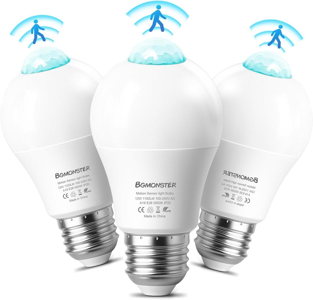 3 Pack Motion Sensor Light Bulbs, 12W(100W Equivalent) Motion Detector Light Bulb, Dusk to Dawn E26 Led Emergency Lightbulbs Indoor Outdoor for Porch Garage Hallway