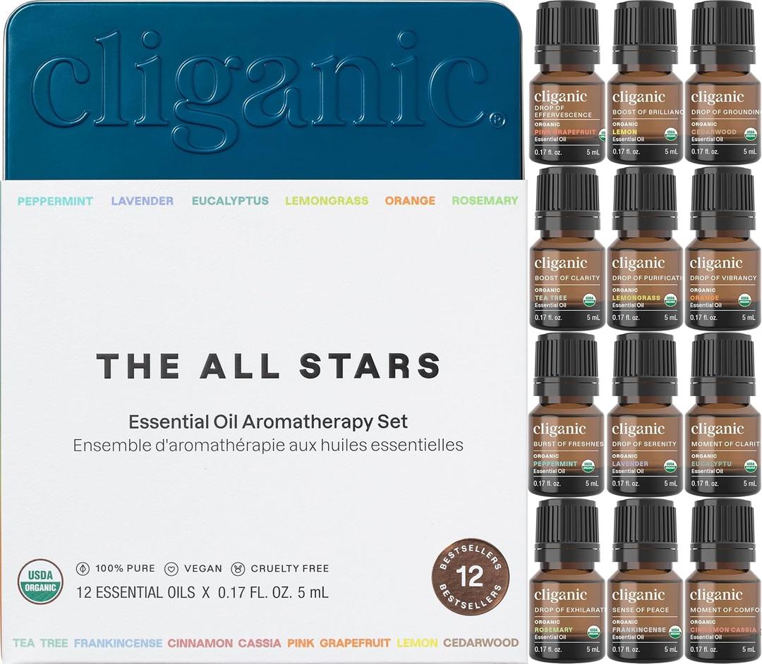 Cliganic Organic Aromatherapy TOP 12 Essential Oils Set, 100% Pure - Peppermint, Lavender, Eucalyptus, Tea Tree, Lemongrass, Rosemary, Frankincense, Orange, Lemon, Cassia, Cedarwood & Grapefruit (0.17 Fl Oz (Pack of 12))