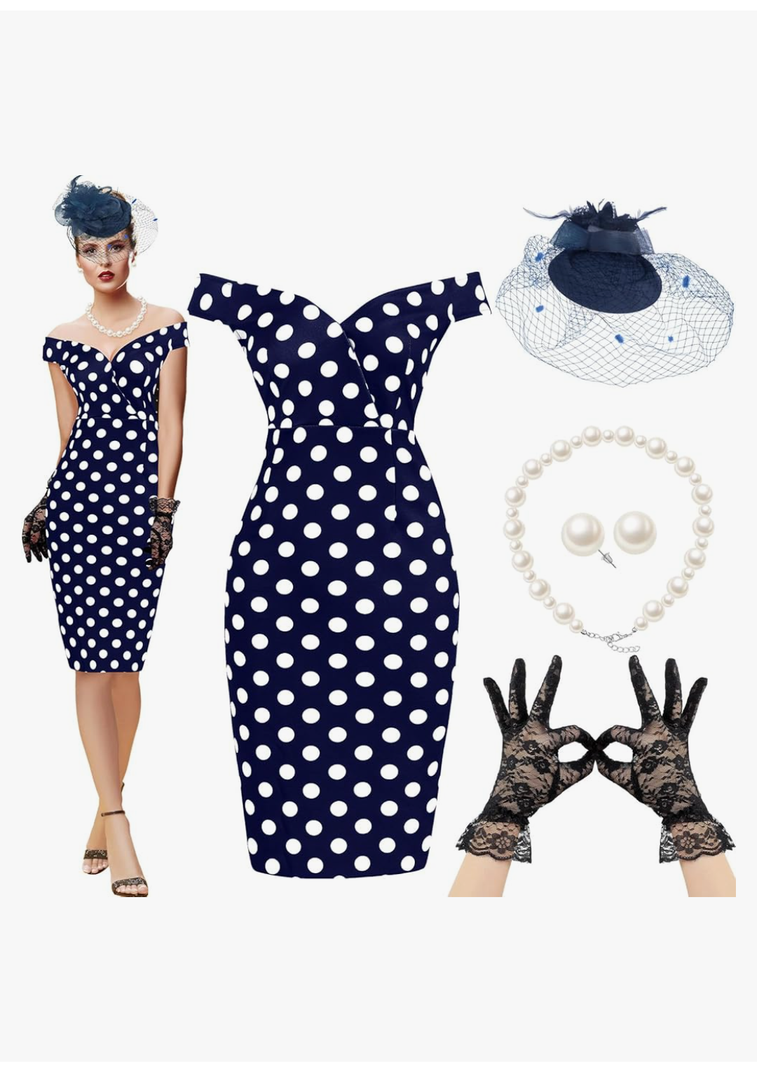 JenPen 5 Pcs Women's Vintage Polka Dot Dress Retro Pencil Dress Floral Spring Costume for Derby Tea Party Cocktail, Size:XL