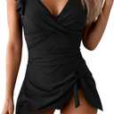 One Piece Swimdress Tummy Control Ruffle Swimsuit for Women Tie Knot Swim Dresses V Neck Bathing Suit Skirt (Large, Black)