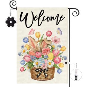 Baccessor Easter Garden Flag 12x18 Inch Double Sided Burlap Outside,Easter Eggs Bunny Spring Tulip Flowers Welcome Yard Holiday Flag