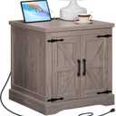 Farmhouse End Table with Charging Station, 24" Large Sofa Table with Barn Door, Rustic Square Grey Nightstand with Adjustable Storage Shelf, Bedside Table for Bedroom, Living Room
