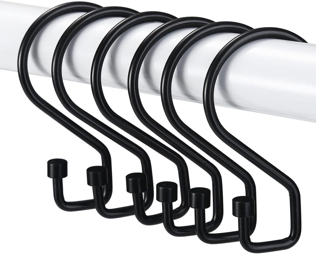 Goowin Shower Curtain Hooks, 12 Pcs S Shape Shower Curtain Rings, Rustproof Black Shower Curtain Rings, Multi-Functional Shower Hooks for Shower Curtain, Kitchen Utensils, Clothing, Towels, Black