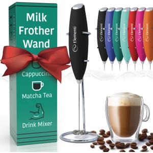 Elementi Milk Frother Wand & Drink Mixer with Stand - Powerful Coffee Frother Handheld Coffee Mixer Wand - Hand Held Milk Foamer to Make Perfect Cappuccinos, Lattes & Drink Mixes at Home (Black) (Handheld Milk Frother)