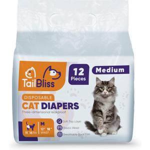 TailBliss Disposable Female Cat Diapers, 12 count | Three Dimensional Leak-Proof Protection, Wetness Indicator and Breathable Back Film (Medium), White