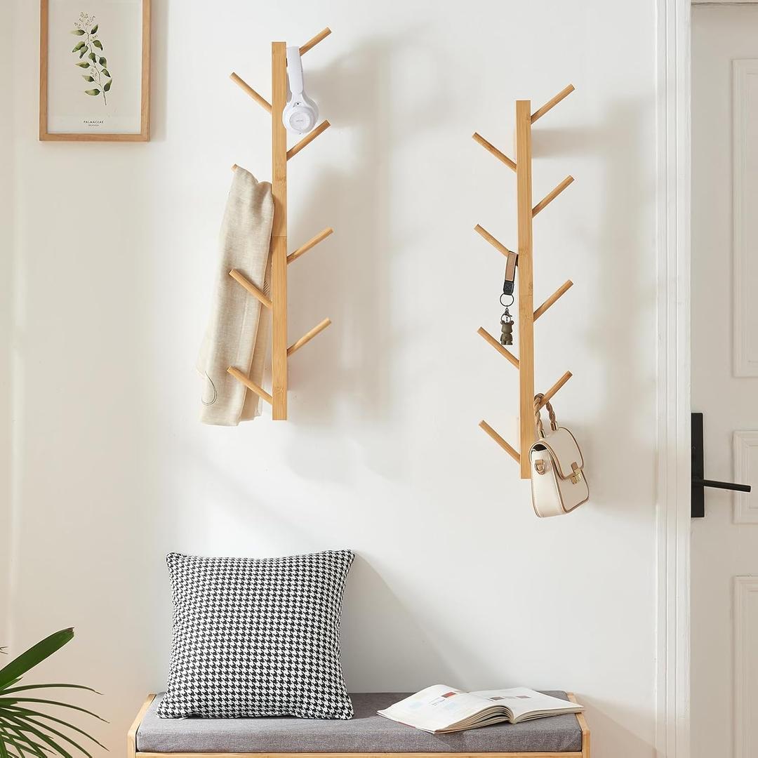 2 Pack Vertical Wall Coat Rack, Bamboo Wall Mounted Hat Hooks Hanging Wooden Racks Hanger Wall Mount Tree for Hats Coats Hacket Clothes Bags Entryway Bedroom(Natural)