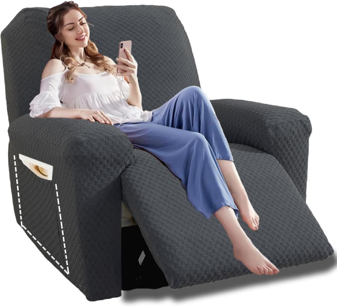 YEMYHOM 4 Pieces Oversized Stretch Recliner Slipcover Latest Jacquard Large Recliner Chair Cover with Side Pocket Anti-Slip Fitted Furniture Protector with Elastic Bottom (X-Large Recliner, Dark Gray)