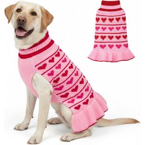 KYEESE Valentines Dog Sweater, Stretchy Dog Sweaters for Large Dogs, Soft Turtleneck Medium Large Dogs Sweater, Warm Pet Sweaters Dress with Heart Print, Comfy Pet Clothes Coat with Leash Hole, 2XL (XX-Large(35-60lbs), 00# Red Love Design)