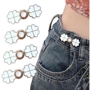 Pack of 4 Handlein 4 Sets Adjustable Jeans Button, No Need to Sew Detachable Button Pins, Perfect Fit Detachable Instant Button. (White Lucky Grass)