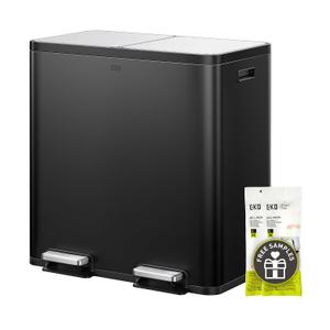 EKO EcoCasa Plus 2 x 10.6 Gal (2 x 40 L) Dual Trash Can for Kitchen, Large Stainless Steel Step-On Garbage Can, Trash and Recycle Bin Combo with Soft-Close Lids, Removable Buckets, Matte Black