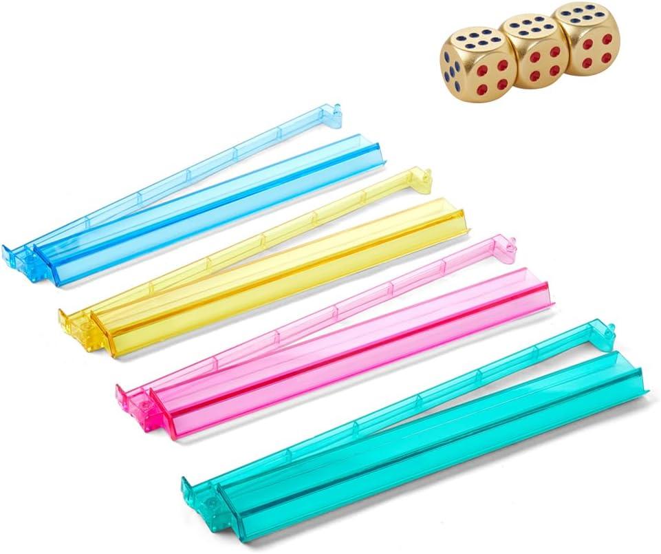 Mahjong Racks with Pushers, Clear Acrylic American Majiang Tile Racks, Enhanced Mah Jongg Tile Holders Set of 4 with 3 Goldern Dics (Colors), 18.5 x 3.1 x 1.18 inches