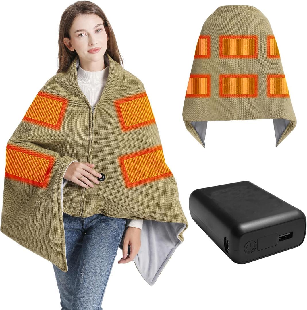 KSFJZF Heated Blanket with 20000mAh Power Bank - 58"X32" Green Knit & Gray Crystal Velvet, Rapid Heating, 3 Temps, Portable Cordless Heated Throw Shawl for Indoor & Outdoor Comfort (Green)