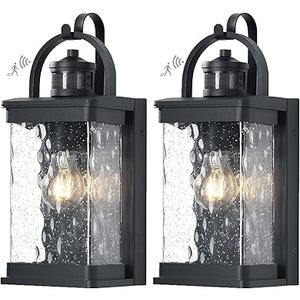 14.7in Motion Sensor Wall Light Outdoor Aluminum Dusk to Dawn Exterior Lighting Fixtures Wall Mount Black Porch Outdoor Lights Wall Sconce with Seeded Glass for Garage, Garden, 2 Pack