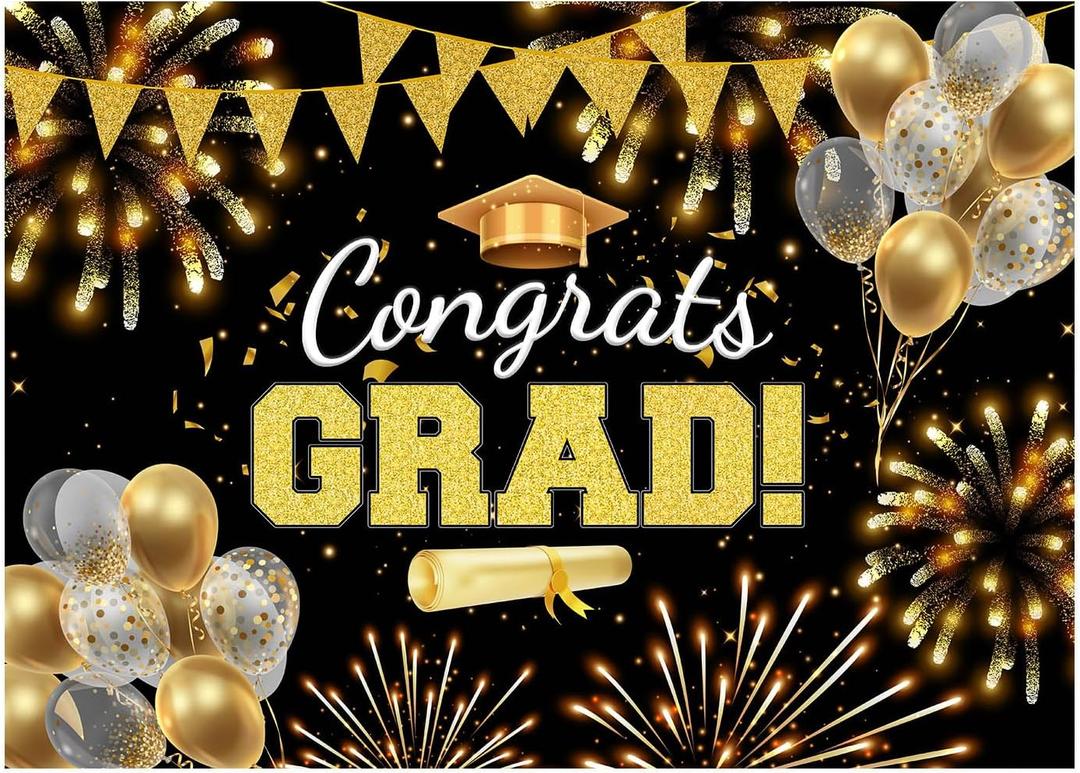 Black Gold Graduation Backdrop, Class of 2025 Prom Backdrops Congrats Grad Background Class Off Congrats Prom Party Decorations, 82.7"X59" Fabric Indoor Outdoor Banner Photography Photo Booth Props