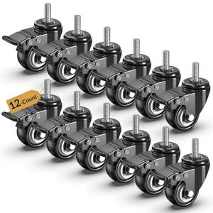 HOLKIE Caster Wheels with No Brake Casters Set of 4, Threaded Stem 3/8" -16 x 1 (Diameter 3/8", Length 1") Swivel Set of 4 Heavy Duty Castors Black (with Brake-12 Pack, 2inch)