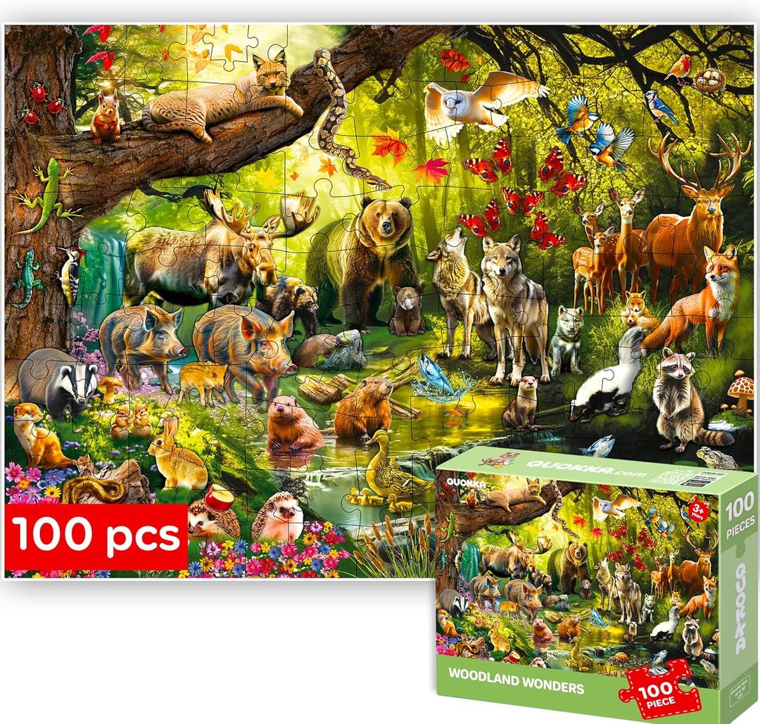 QUOKKA 100 Piece Puzzles for Kids Ages 4-6 – Floor Kids Puzzles Ages 6-8 Year Old – Toy for Learning Forest Animals for 8-10 yo – Jigsaw Toddler Game for Boy and Girl Ages 3-5