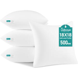 Oubonun 18 x 18 Throw Pillow Inserts - Soft, Plush & Decorative Down Alternative Pillows for Couch Sofa Bed, Machine Washable - White, Pack of 4