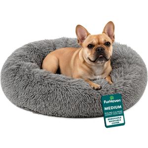 Furhaven 30" Round Calming Donut Dog Bed for Medium/Small Dogs, Refillable w/ Removable Washable Cover, For Dogs Up to 45 lbs - Shaggy Plush Long Faux Fur Donut Bed - Gray, Medium