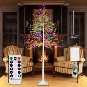 8FT Lighted Birch Tree, Birch Tree with 210 LED Lights, 8 Flash Modes and Timer, Light Up Twig Christmas Tree for Indoor Outdoor Home Party Garden Wedding Decorations (Warm White & Multicolor)