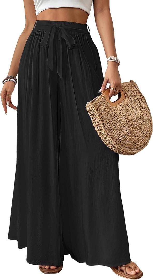 Bsubseach Wide Leg Pants Woman Flowy Floral Palazzo Pants for Women High Waisted Summer Casual Trousers Cruise Outfits (Small, Black)