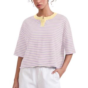 Meladyan Women's Stripes Henley T Shirts Cropped Boxy Tees Oversized Crewneck Short Sleeve T-Shirt Roll Hem Summer Tops (Pink, S)