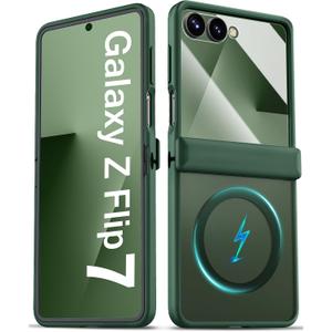 BXYJY for Samsung Galaxy Z Flip 7 Case with Hinge Protector, Slim Compatible with MagSafe, Front Screen Protector, Shockproof Rugged Translucent Protective Phone Case for Galaxy Z Flip 7, Green