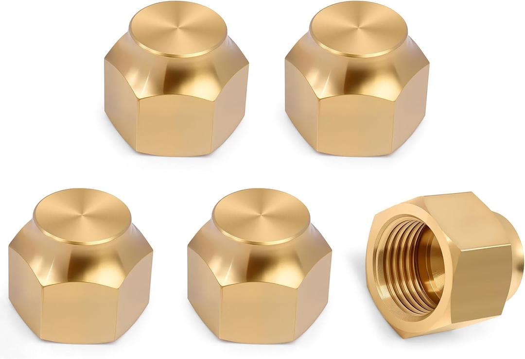 Flare Cap, 3/8" Inch Brass Cap SAE for 45 Degree Female Flare Tube Fitting Seal Plug - 5 Pcs