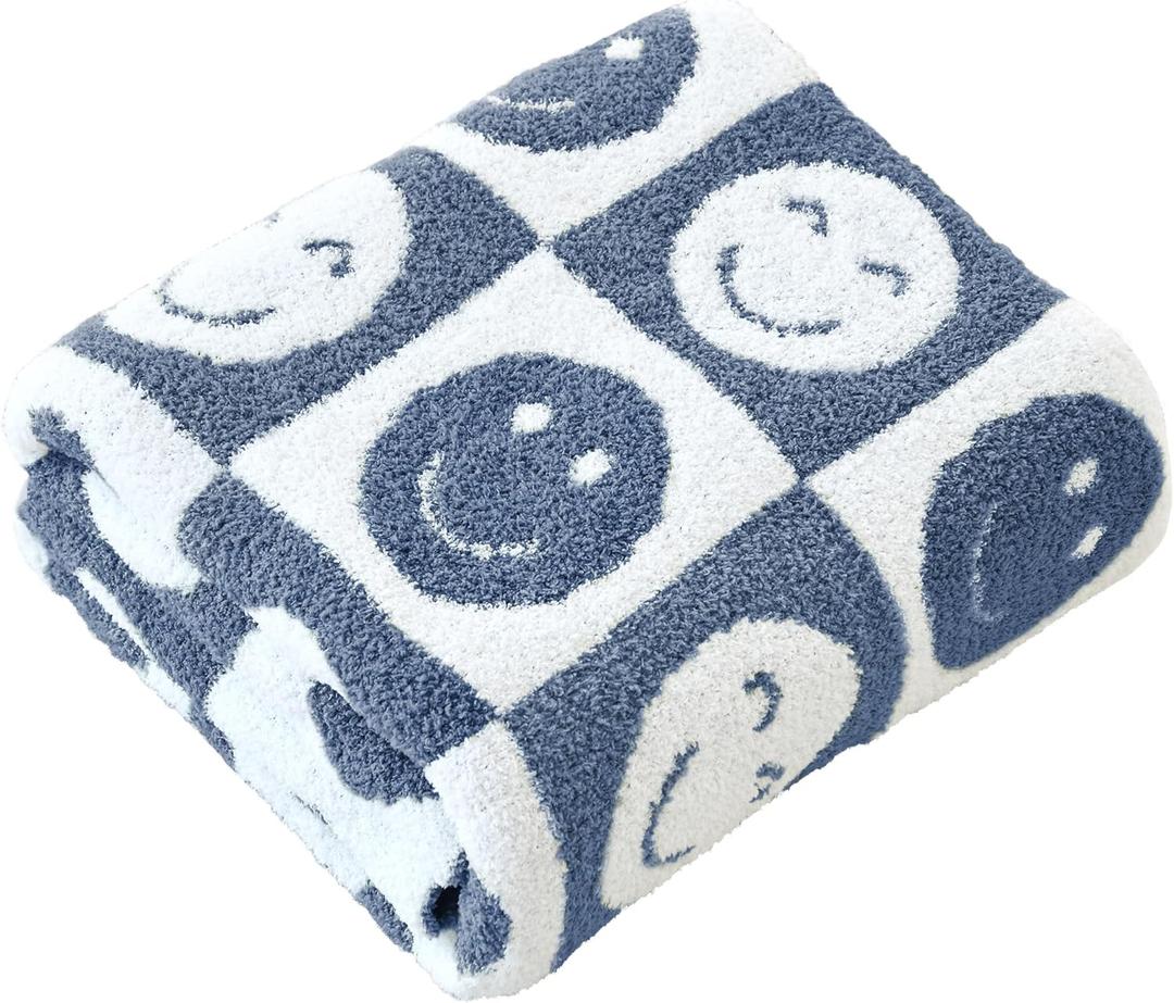 Ultra Soft Cozy Happy Smiling Face Checkered Knitted Throw Blanket Fluffy Microfiber Checkerboard Bed Blanket Lightweight Both Sides Blanket for Couch Sofa Bed (Smile Blue, Throw 50x60)