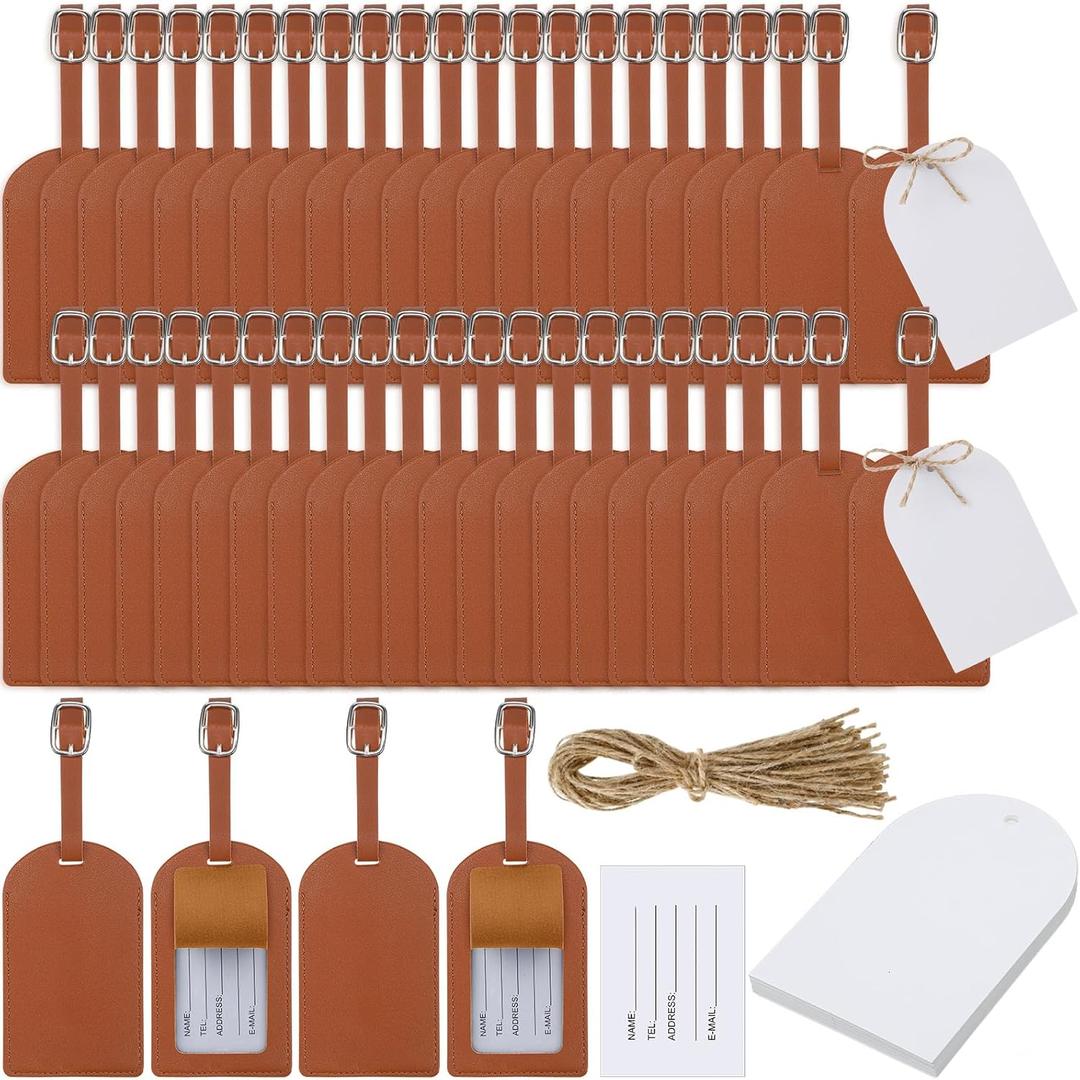 Amylove 48 Sets Leather Luggage Tags Bulk Wedding Favors Luggage Tags for Guests Bridal Gifts Wedding Bridal Shower Gift PU Leather with Name ID Card Tag for Guests (Brown)