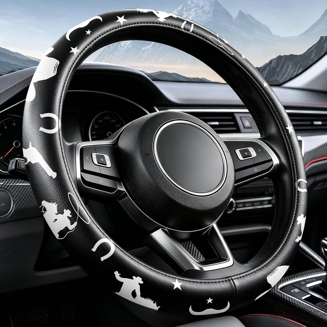 Octomo Steering Wheel Cover, Western Cowboy Pattern PU Fit 14.5-15 Inch