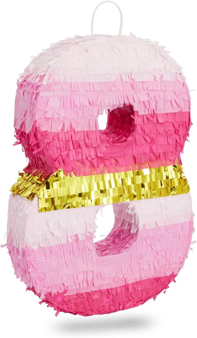 Number 8 Pinata, Pink and Gold for Girls 8th Birthday Party Decorations, Small, 16.5x11x3 in