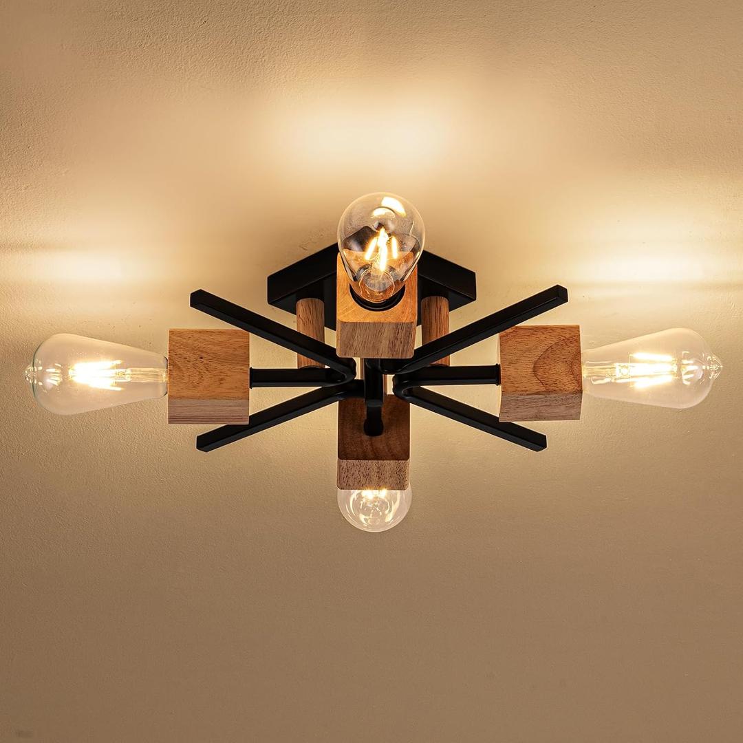Sputnik Ceiling Light, Black Wood Farmhouse Flush Mount for Kitchen, 1 Pack