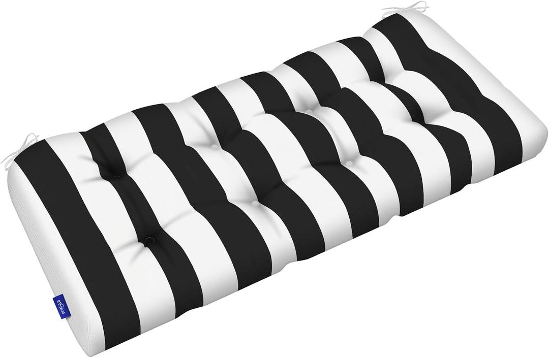 Tufted Bench Cushion for Outdoor Furniture Patio Swing Cushions Overstuffed Outdoor Loveseat Cushions with Round Corner (44'' x 19'' x 5'', Black Stripes)