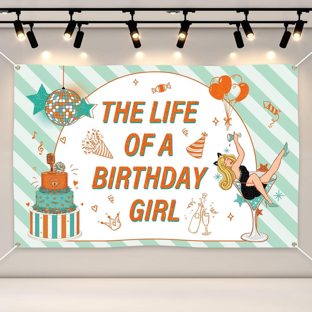 The Life of A Birthday Girl Decorations - 6*5 Ft Green Orange Showgirl Backdrop Music Themed Party Supplies for Girls Fans Bday Bachelorette Bridal Shower Background Photo Booth Props Decor