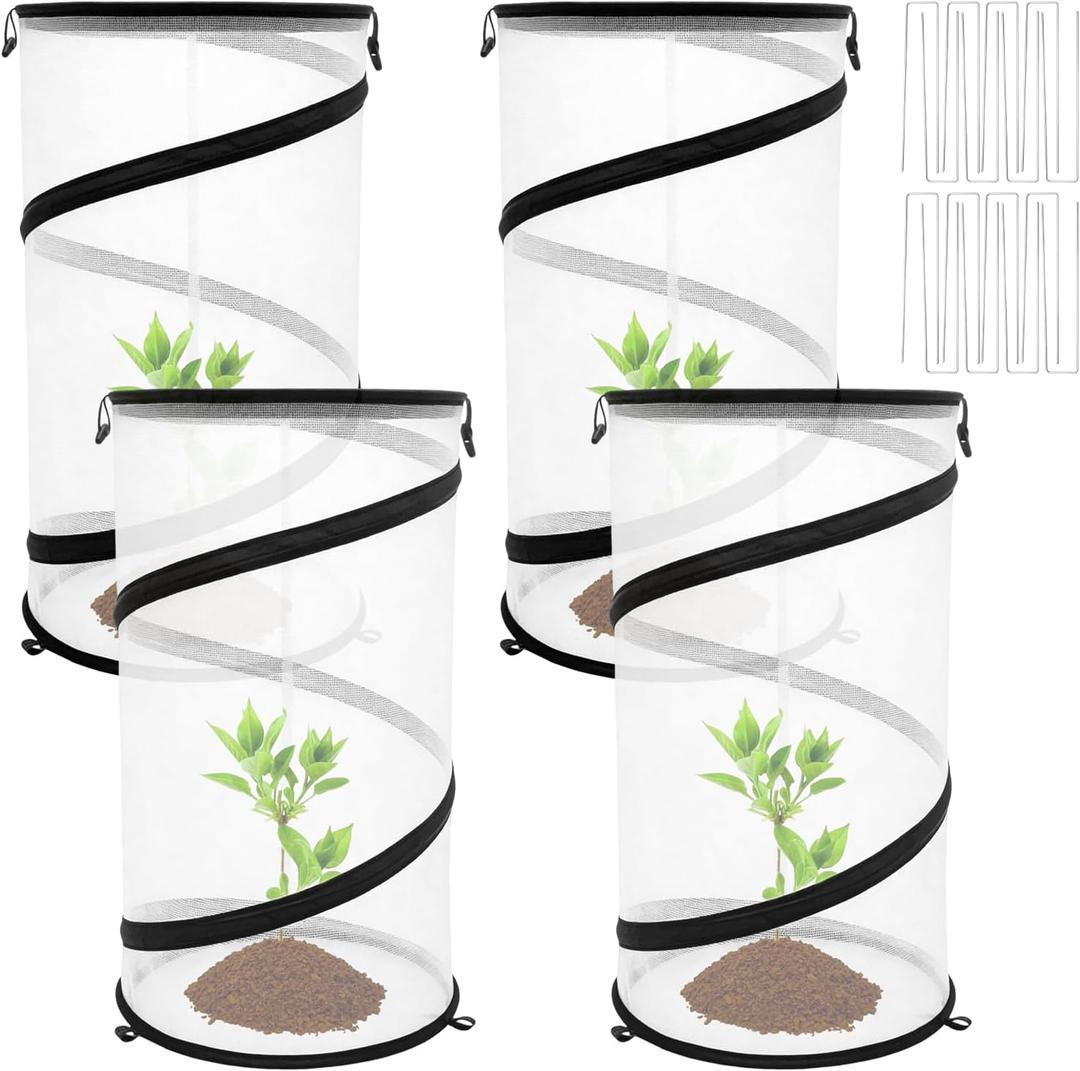 Hoypeyfiy 4 Pcs Pop Up Insect & Bird Barrier Plant Cover Net, 12"x24" Round Foldable Mesh Protector, Garden Cage Guard with Stakes & Carry Bag, Keep Animals & Birds Out for Vegetables and Flowers