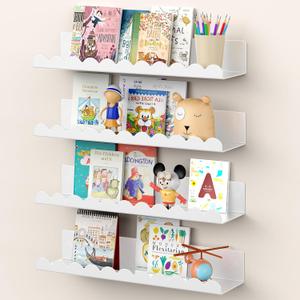 Nursery Book Shelves, 17 Inch Metal Floating Shelves for Wall 4 Pack, Scalloped Shelves, Wall Mounted Book Shelf for Kids Bedroom, Baby Room, Nursery Decor (White)