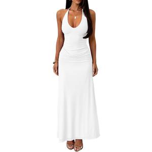 Kaximil Women's Sexy V Neck Halter Maxi Dresses Bodycon Cocktail Wedding Guest Long Dress (White, XL)