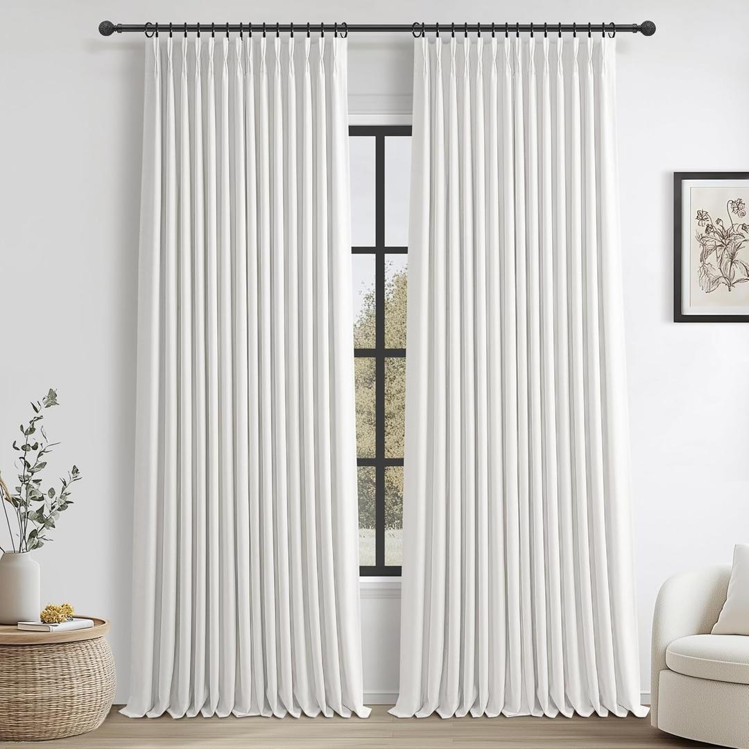 Pure White Blackout Dual Layer Thick Linen Curtains 86 Inches Long for Kids Bedroom, Memory Trained Pleated Insulated Noise Cancelling Country Viral Drapes for 84-86 Inch Length Window Panels of 2