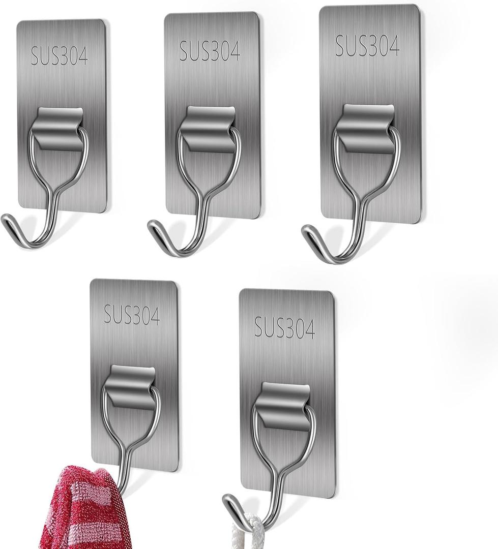 Adhesive Hook for Hanging - 8LB Stainless Steel Towel Hooks, Waterproof Wall Hooks Stick on for Bathroom, Kitchen, Office (6 Pack) - 180 Multi-Surface Hooks for Towels, Utensils, Coats