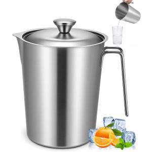 304 Stainless Steel Pitcher with Lid, 70 oz / 2L Measuring Cup | Large Mouth Graduated Beakers with Marking and Handle, Metal Milk Frothing Jug for Espresso Machine, Hot & Cold Water