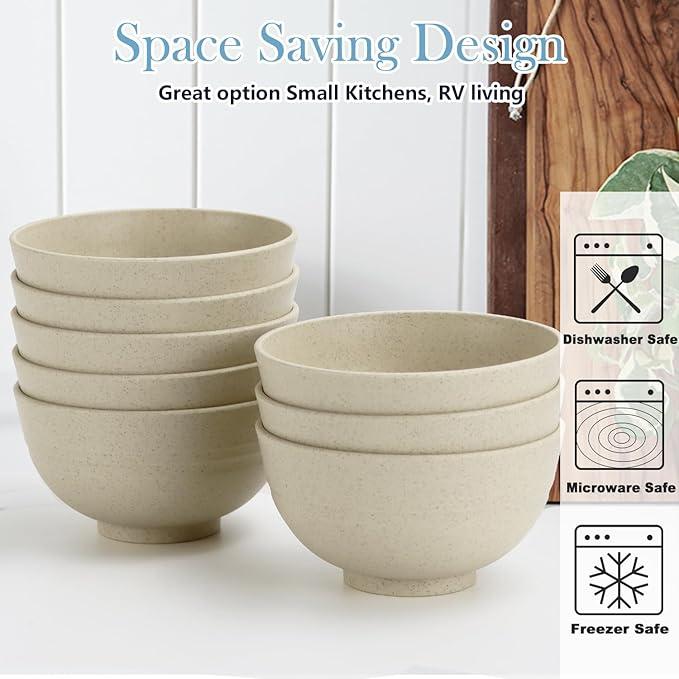Wheat Straw Bowls Set of 8, 10 OZ Small Bowls, Kids Bowls, Cereal Bowls, Plastic Bowls Reusable, Unbreakable Ice Cream Bowls for Dessert, Snack, BPA-Free, Dishwasher & Microwave Safe Bowls for Kitchen, Beige