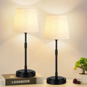 Cordless Table Lamps Set of 2  Battery Operated Lamp with 7500mAh Rechargeable Battery, Stepless Dimmable Black Lamps with Beige Shade, Wireless Lamps for Dining Room & Nightstand (Bulbs Included)